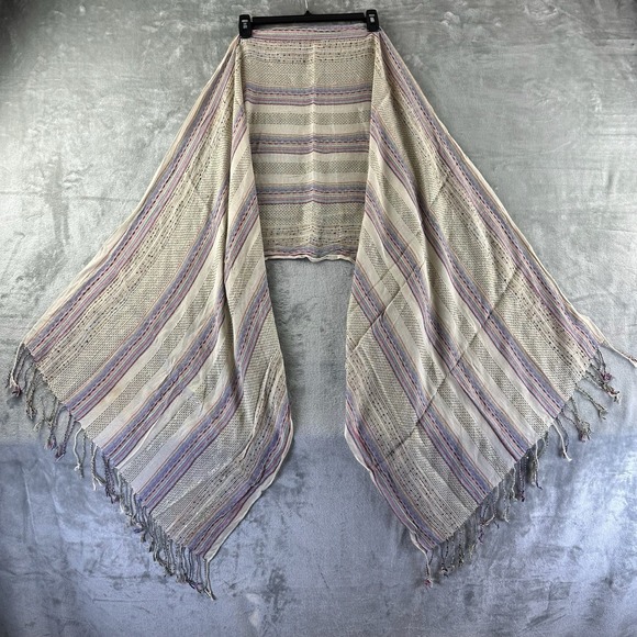 Rectangular Scarf Ivory w/ Multicolored Stripes Fringe - Picture 1 of 7
